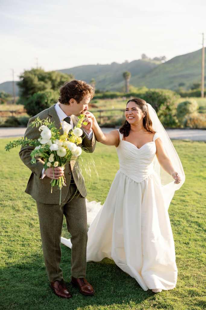 Golden hour bride and groom portraits on the lawn at The Swanner House in San Juan Capistrano, CA.