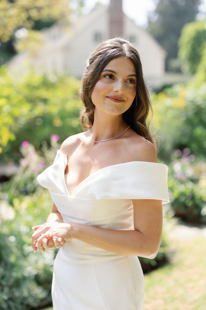 Close up portrait of a bride posing in the gardens at McCormick Home Ranch