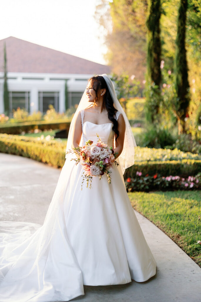 Golden hour bridal portraits in the gardens at Nixon Library in Yorba Linda.