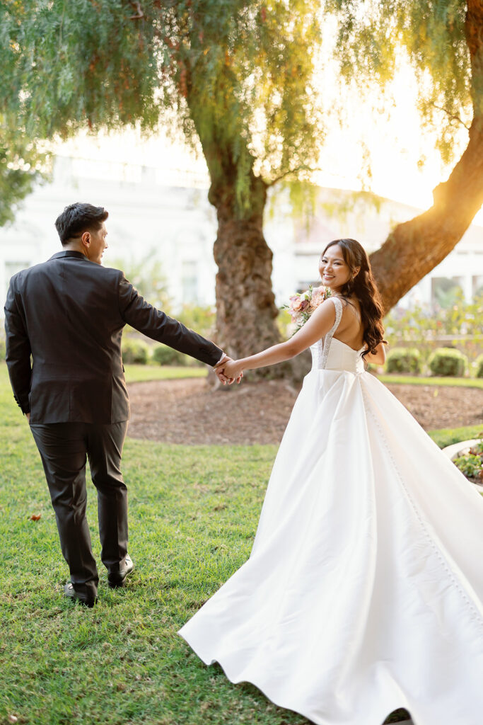 Bride and grooms golden hour portraits in the gardens at Nixon Library in Yorba Linda.