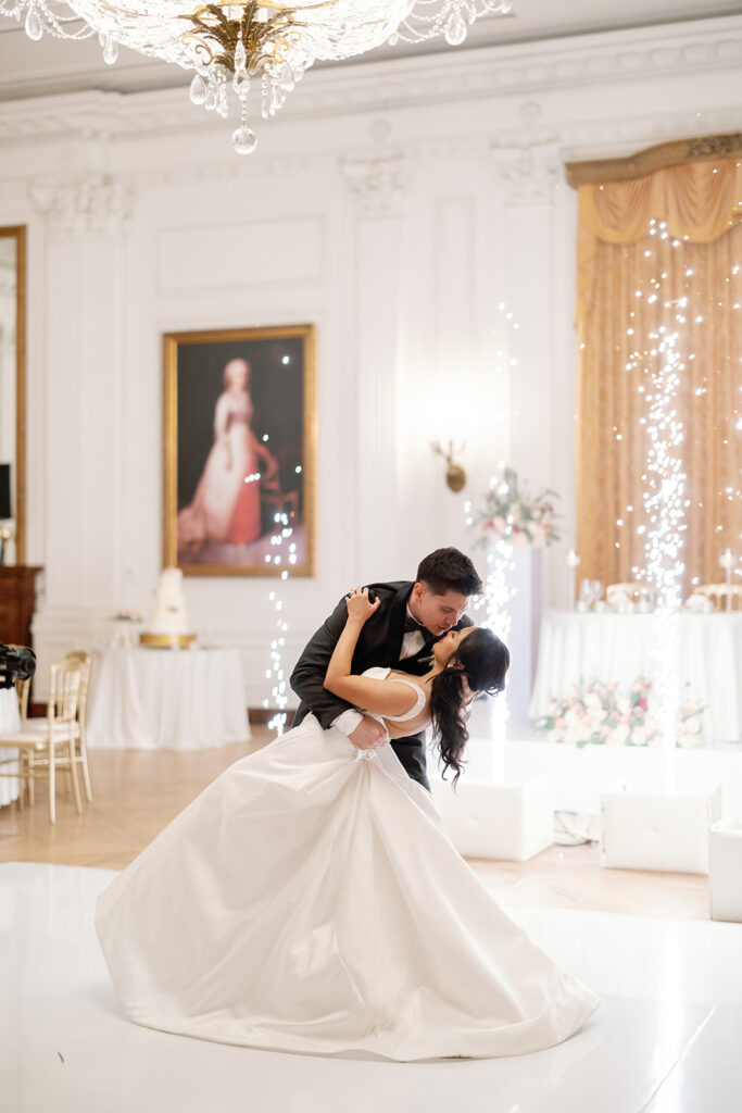 Bride and groom sharing a private dance in the East Room at a Nixon Library Yorba Linda.