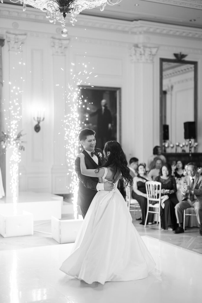 Cold spark fountains go off as the couple dances during their White House East Room reception at the Nixon Library in Yorba Linda.