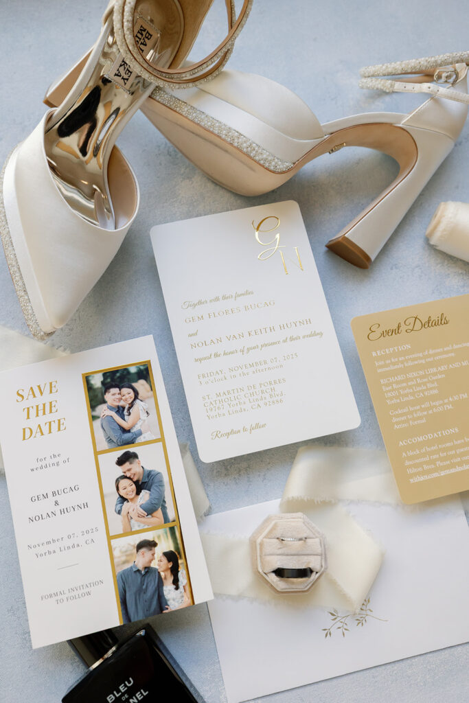 Brides wedding details with save the dates and event details.