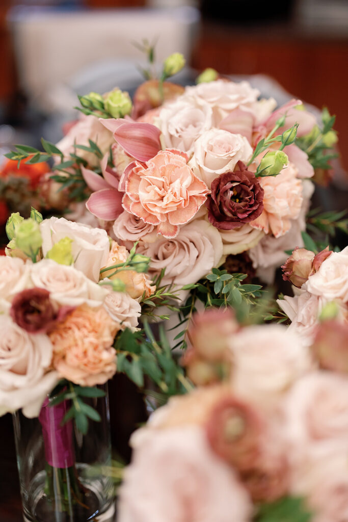 Close up shot of the bridesmaids bouquets.