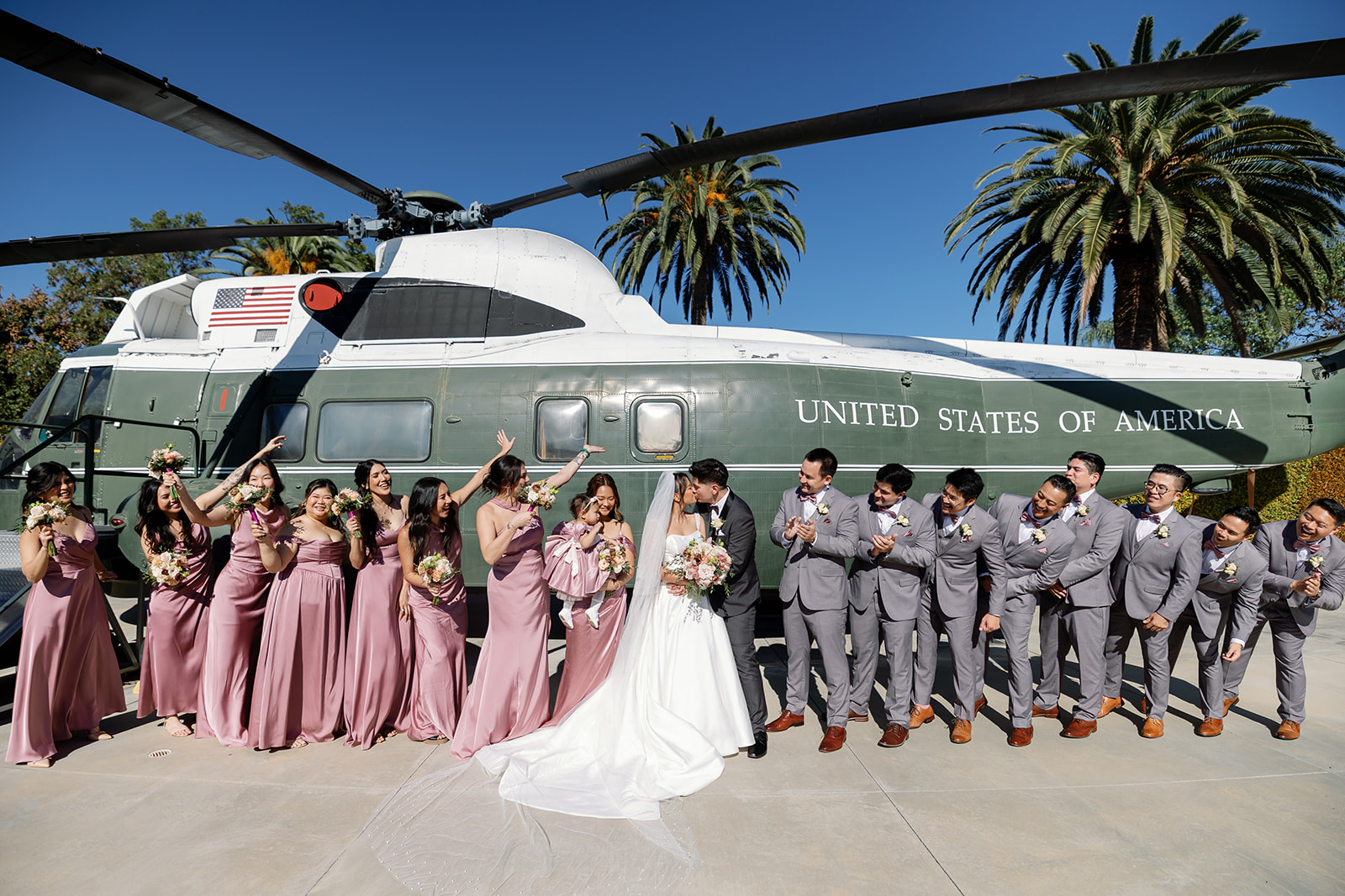 Wedding party photos with President Nixon’s presidential helicopter from a Nixon Library Yorba Linda wedding.