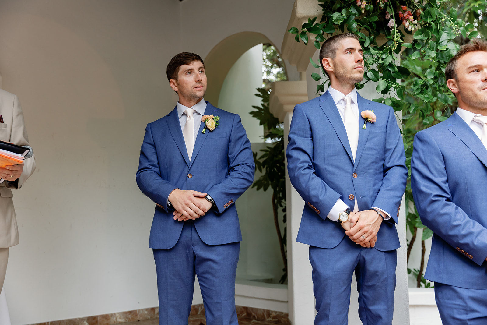 Groom waiting at the altar with groomsmen during the El Teatro ceremony at Rancho Las Lomas.