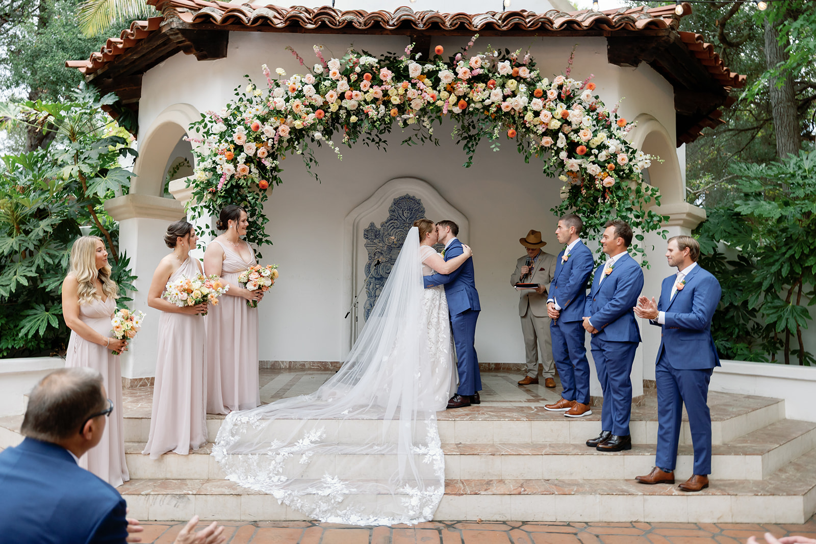 First kiss during the El Teatro ceremony at a Rancho Las Lomas wedding.