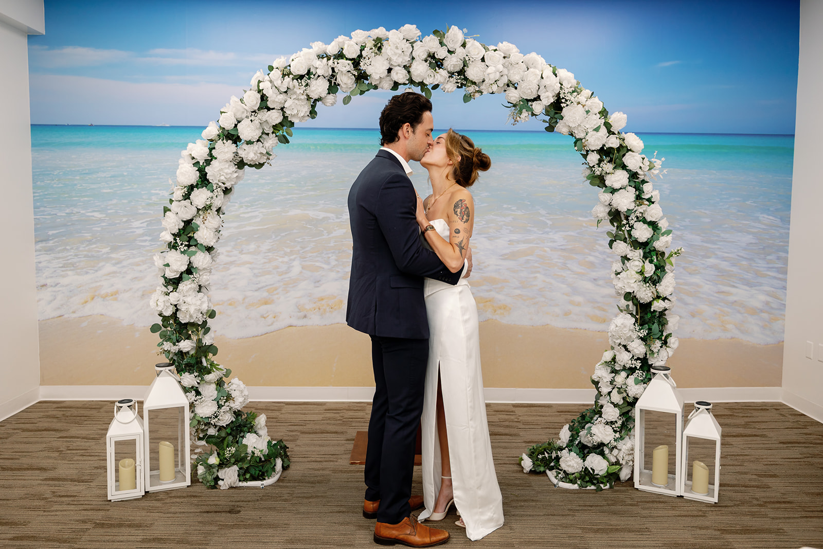 Bride and groom kissing during their Laguna Hills Civic Center elopement ceremony.