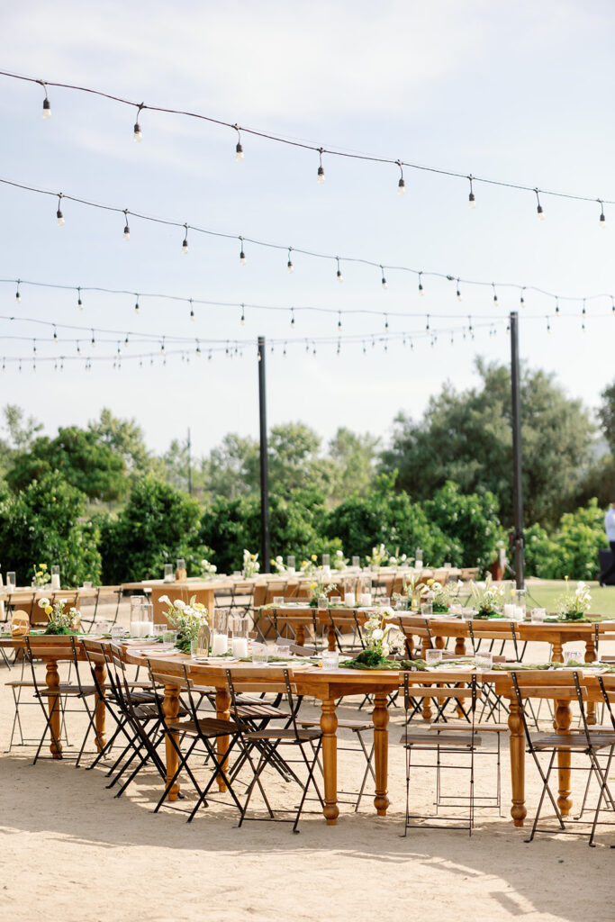 Outdoor Swanner House wedding reception under lights.