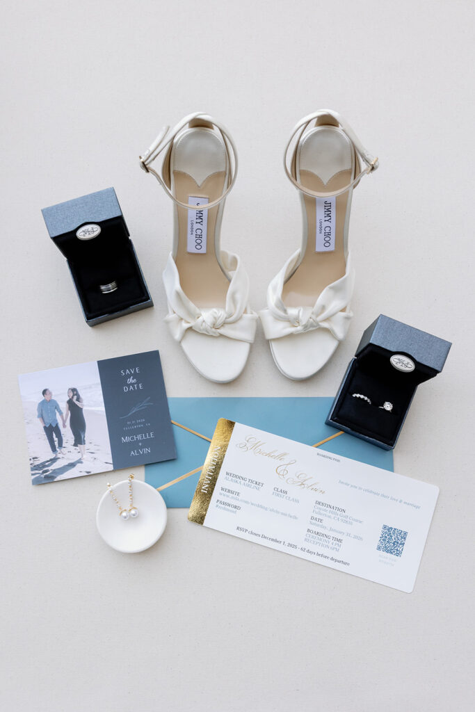 Brides wedding details styled for a flatlay shot.