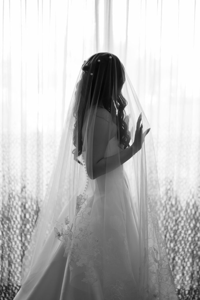 Moody black and white portrait of a bride posing under her wedding veil.