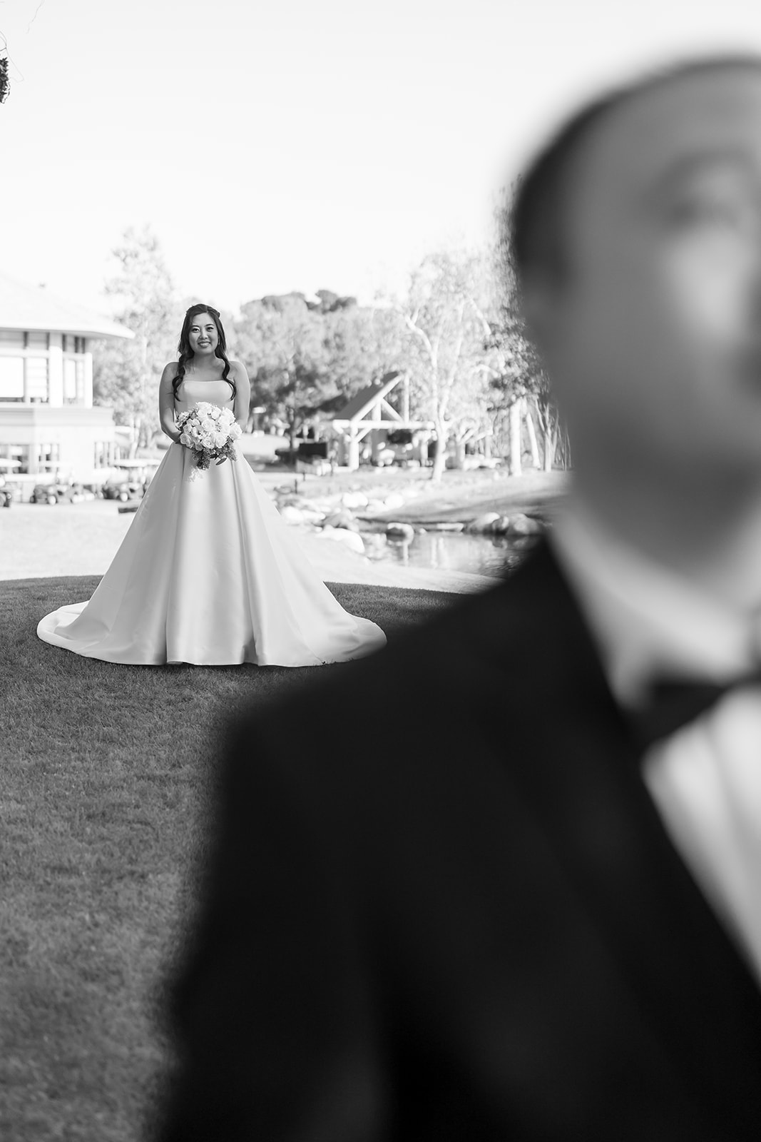 Bride approaching groom for first look at Coyote Hills Golf Course wedding.