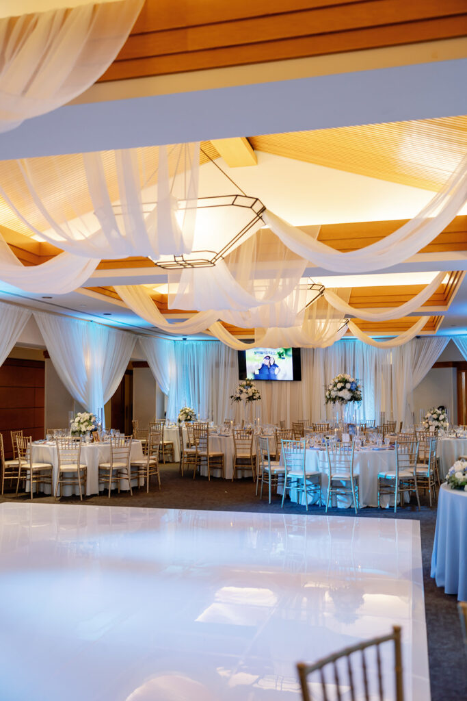Indoor Coyote Hills Golf Club wedding reception in the Vista Falls Pointe Ballroom
