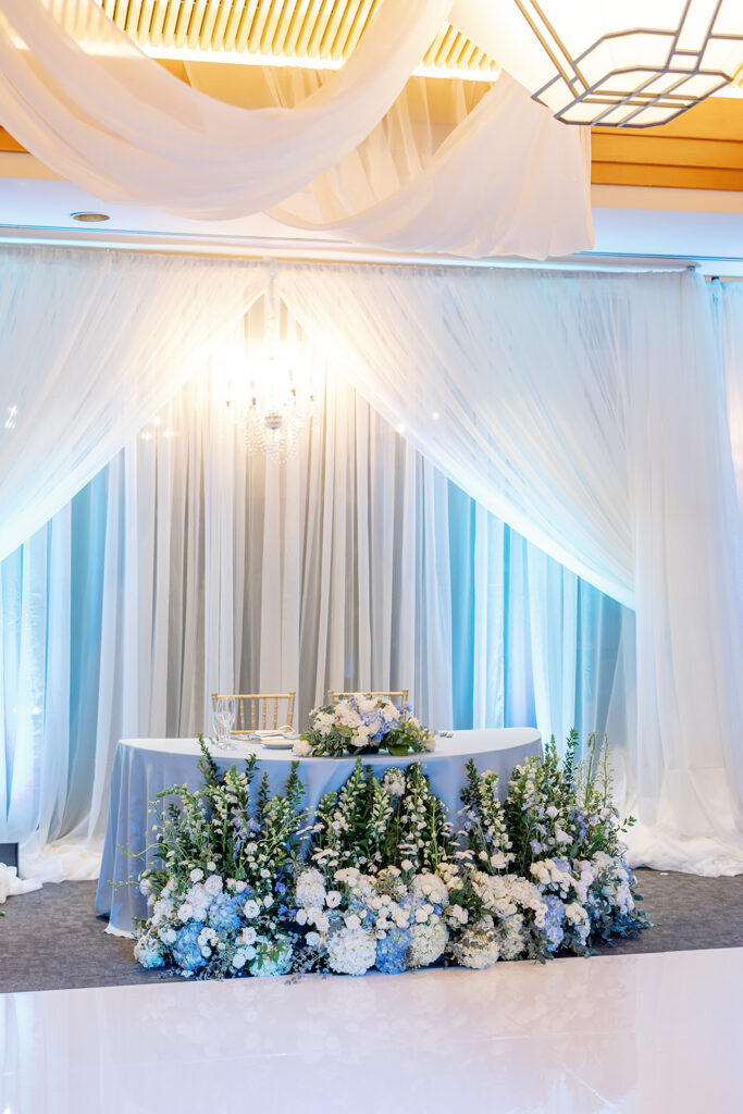 Sweetheart table set up from an indoor Coyote Hills Golf Club wedding reception in the Vista Falls Pointe Ballroom

