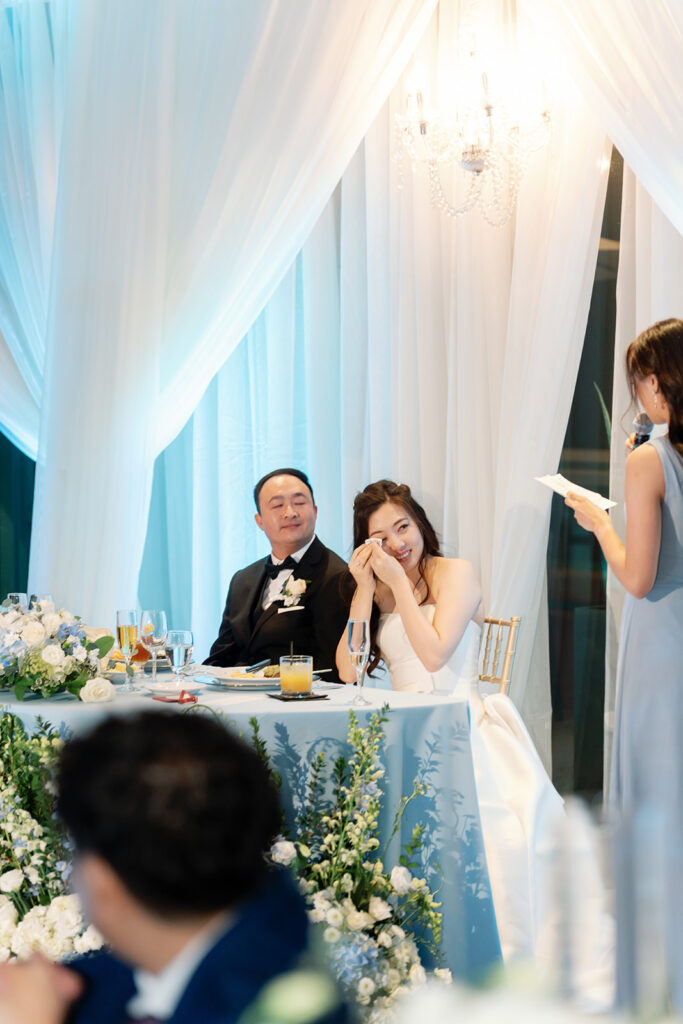 Bride getting emotional during a speech from a bridesmaid.