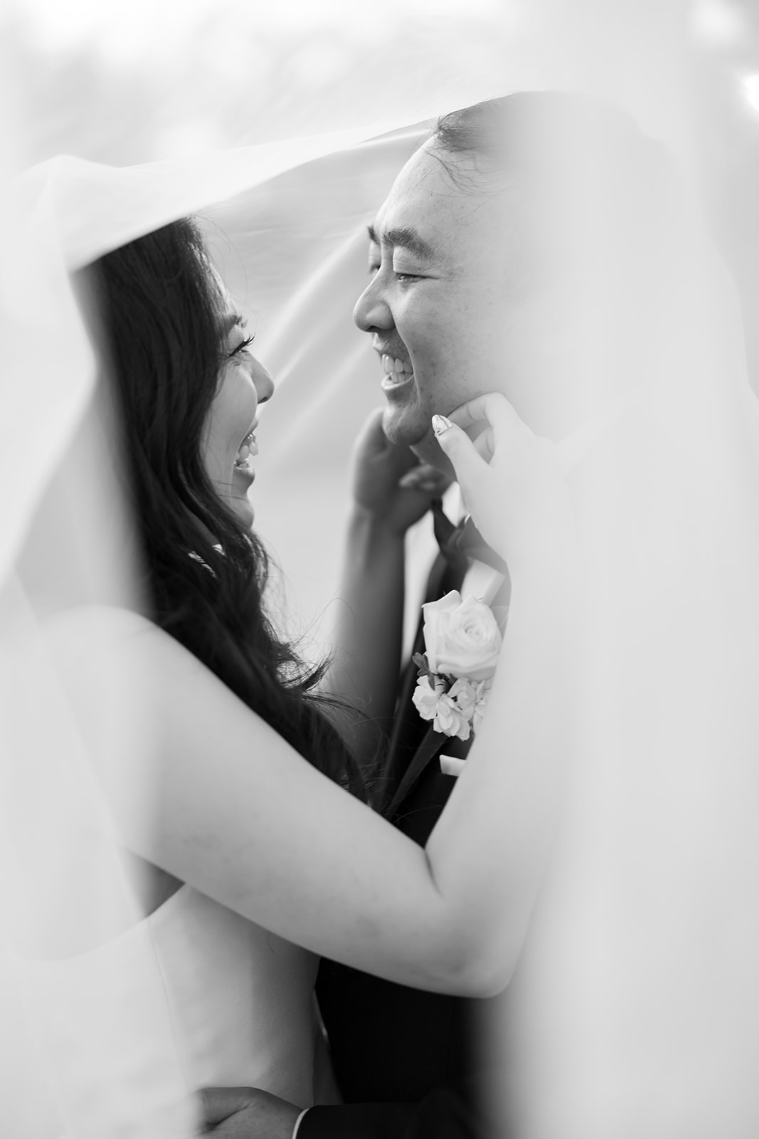 Black and white portrait of the bride and groom under the veil.