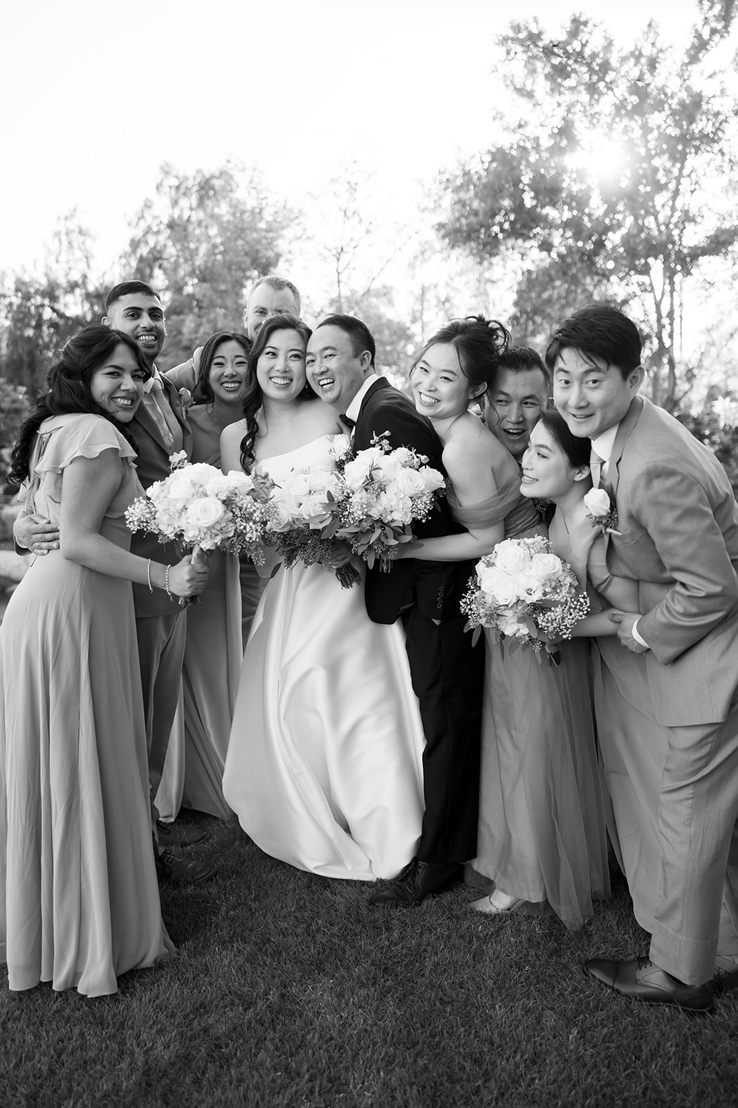 Black and white wedding party photos at Coyote Hills Golf Course.