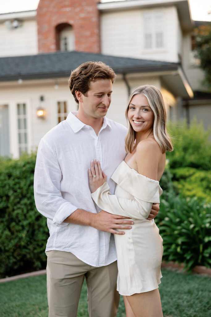 Close up of a couple posing together in Santa Barbara outside of El Encanto.