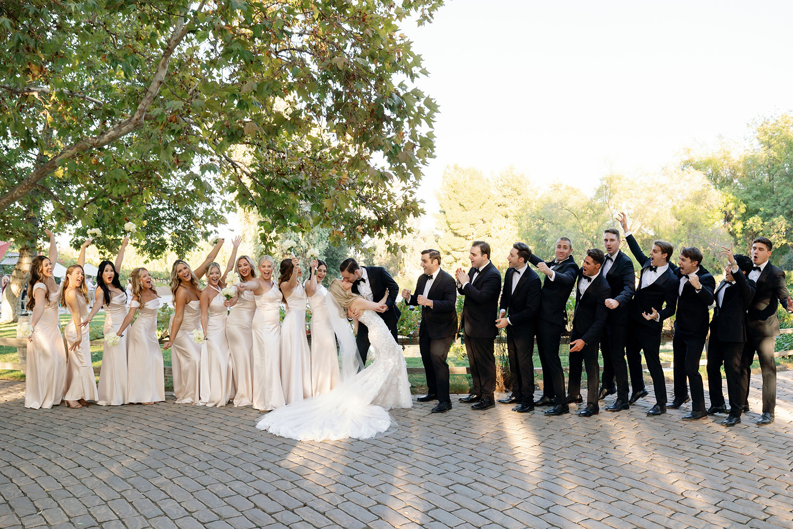 Outdoor wedding party photo at Lake Oak Meadows in Temecula, California. 