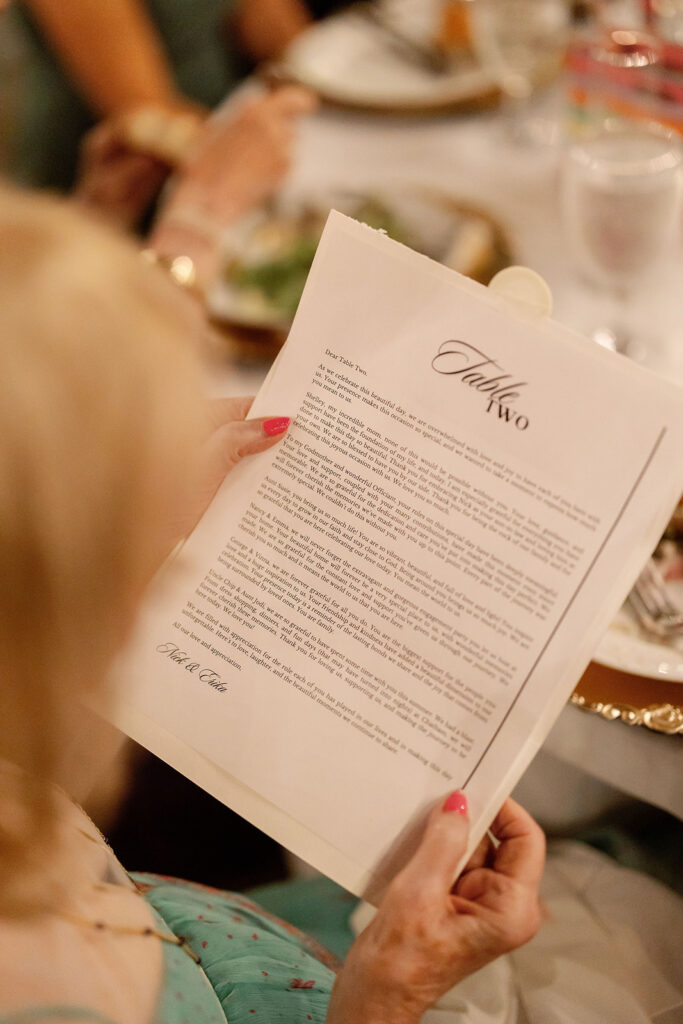 Guest reading their personalized letter from the bride and groom.