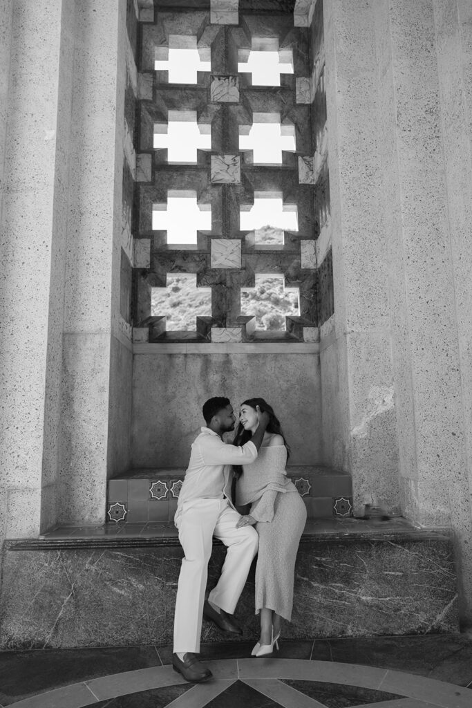 Black and white photo of a couples Catalina Island engagement photos at 