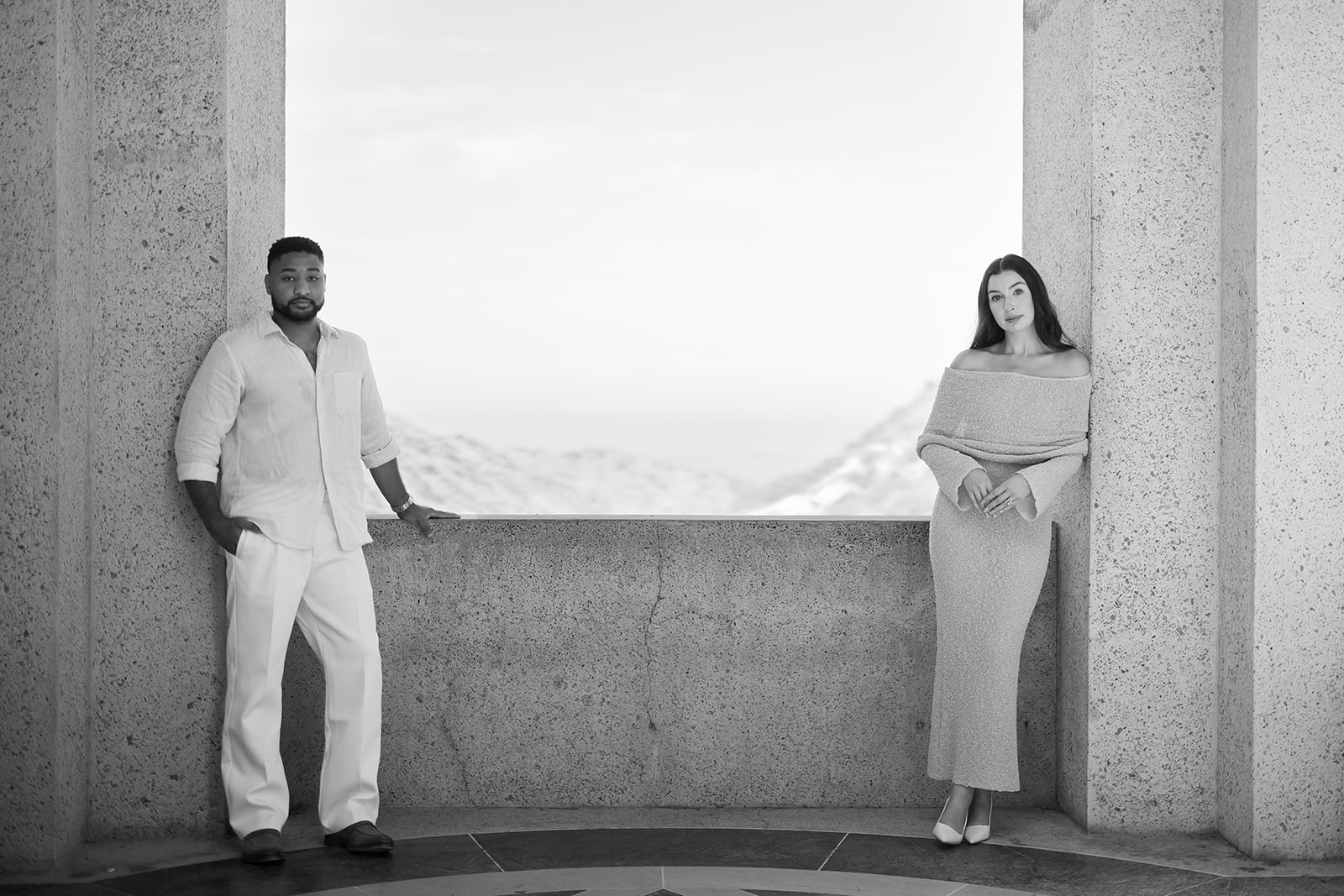 Black and white editorial style Catalina Island engagement photos at Wrigley Memorial & Botanic Garden.