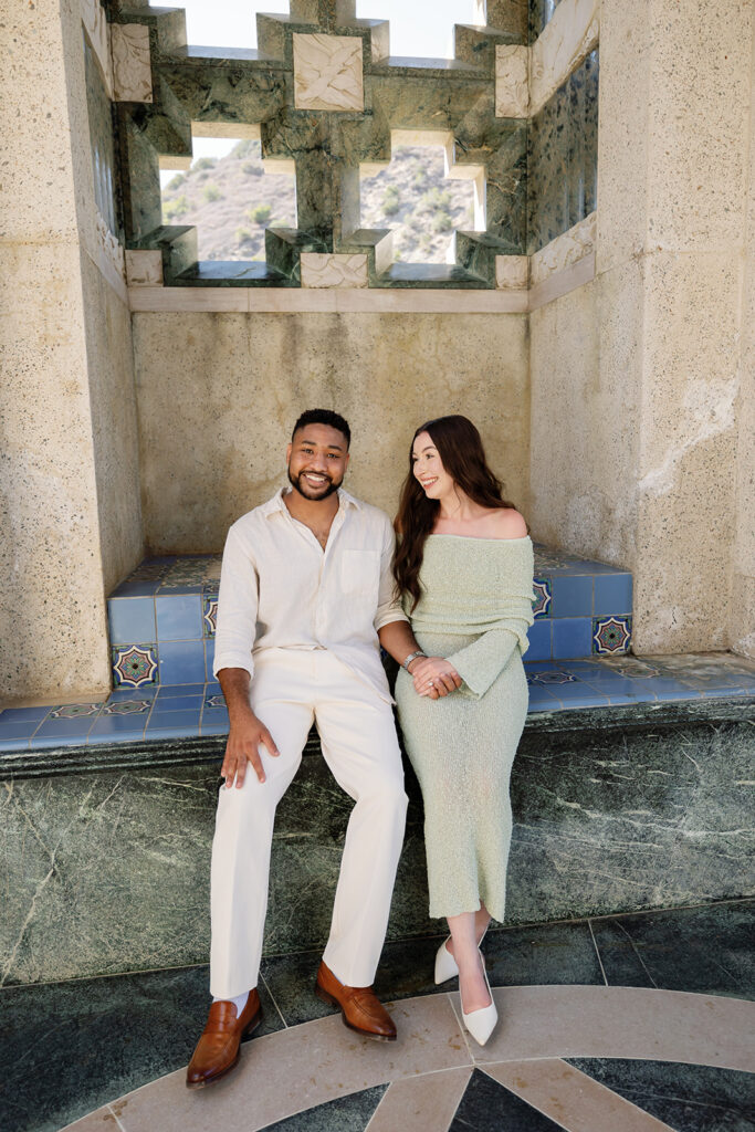 Couple posing at Wrigley Memorial & Botanic Garden for their Catalina Island engagement photos.